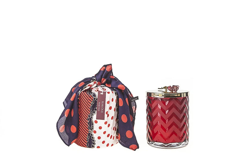 Cote Noire Herringbone Candle With Scarf Rose Oud - Red & Red Rose lid - HCG07 Cote Noire