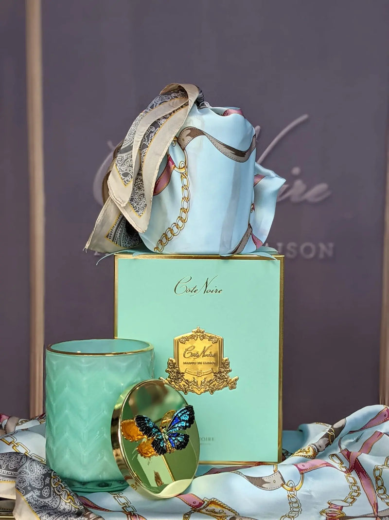 COTE NOIRE - HERRINGBONE CANDLE WITH SCARF - TIFFANY BLUE & GOLD - BUTTERFLY LID - HCG51 Cote Noire